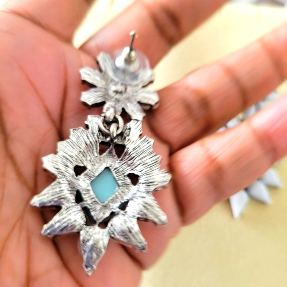 Hanging Pierced Earrings • White and Turquoise Synthetic Stones - Picture 3 of 4